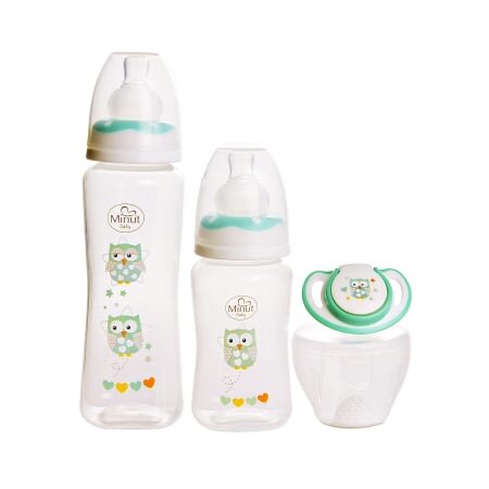 Minut Baby Set 2 biberoane 125 ml si 250 ml + suzeta in cutie sterilizare 0+ verde