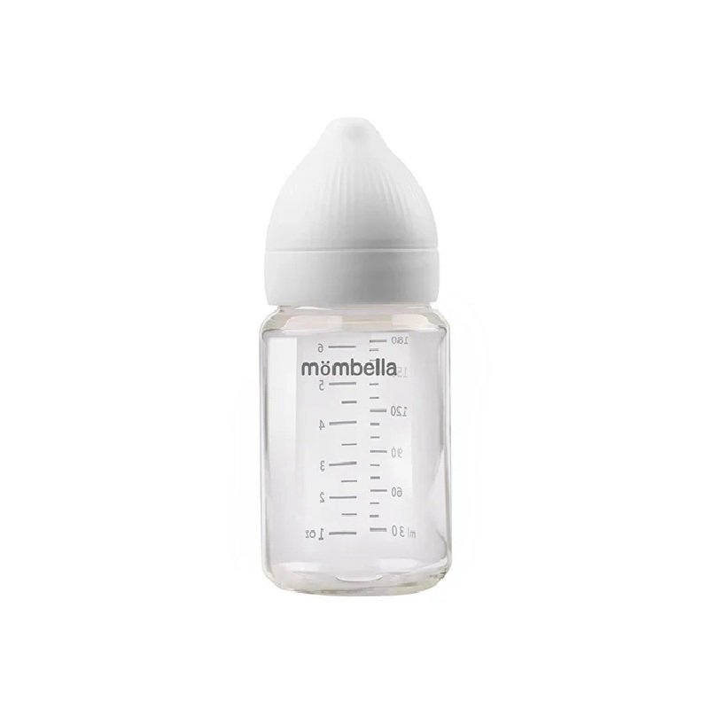 Mombella Biberon din sticla anti-colici 180 ml cu tetina din silicon S flux lent 0-3 luni Ivory