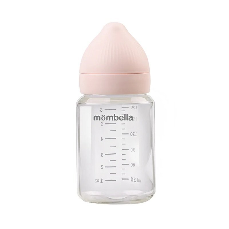 Mombella Biberon din sticla anti-colici 180 ml cu tetina din silicon S flux lent 0-3 luni Old Rose