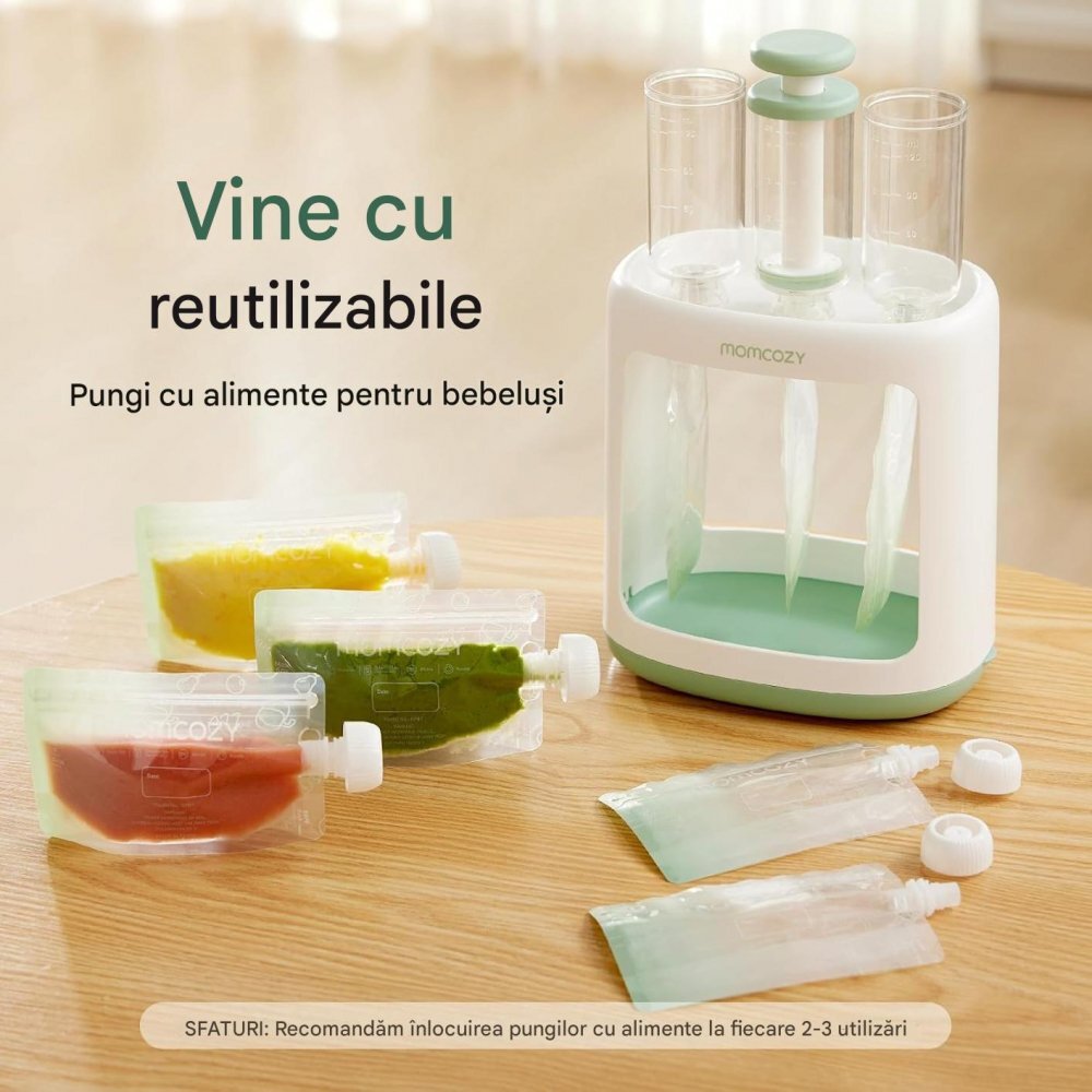 Momcozy Aparat pentru hrana bebelusilor fara BPA cu pungi reutilizabile
