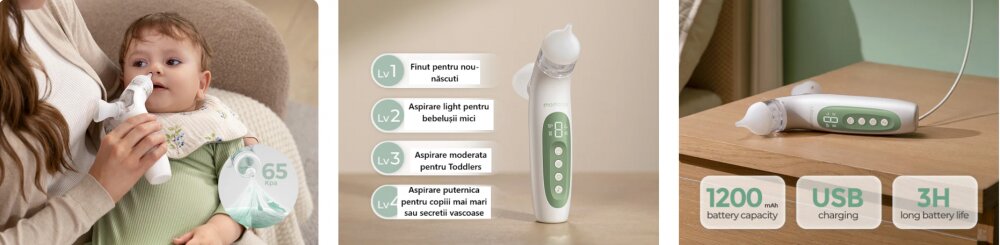 Momcozy Aspirator nazal electric cu lumini si sunete cu functie de spray pentru solutia salina BreezyClear