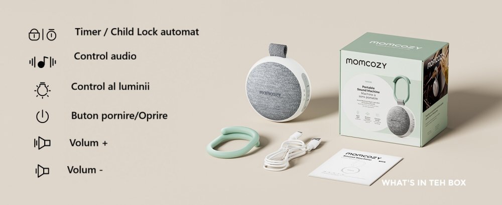 Momcozy Dispozitiv portabil cu acumulator si lumina White Noise 20 sunete si conectivitate Bluetooth