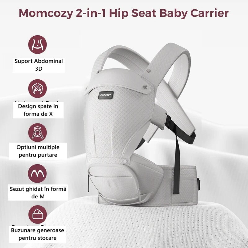 Momcozy Marsupiu 2 in 1 Hip Seat cu perna pentru sold Air Mesh gri