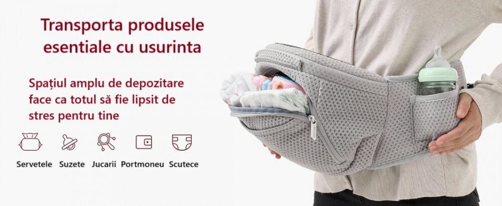 Momcozy Marsupiu 2 in 1 Hip Seat cu perna pentru sold Air Mesh gri