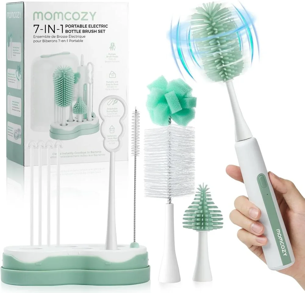 Momcozy Set perie electrica pentru curatarea biberoanelor 7 in 1 cu suport pentru uscare