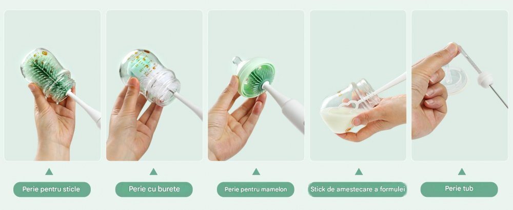 Momcozy Set perie electrica pentru curatarea biberoanelor 7 in 1 cu suport pentru uscare