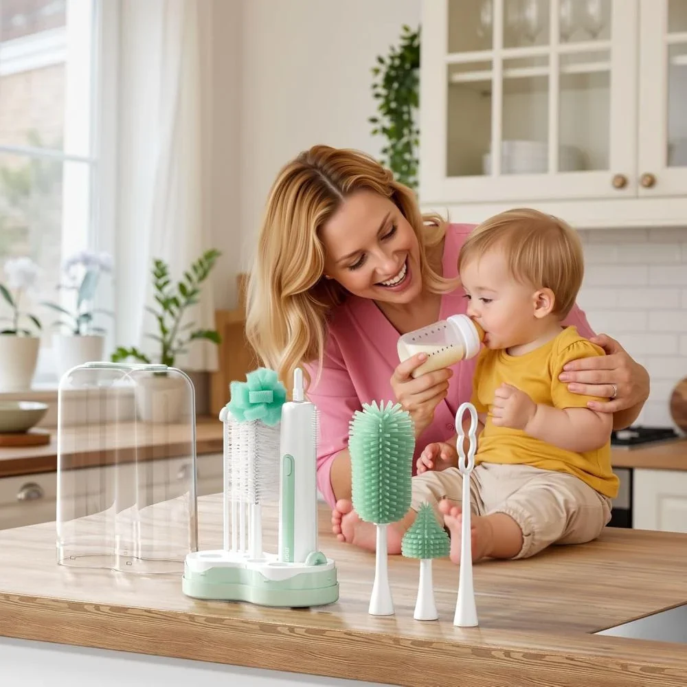 Momcozy Set perie electrica pentru curatarea biberoanelor 7 in 1 cu suport pentru uscare