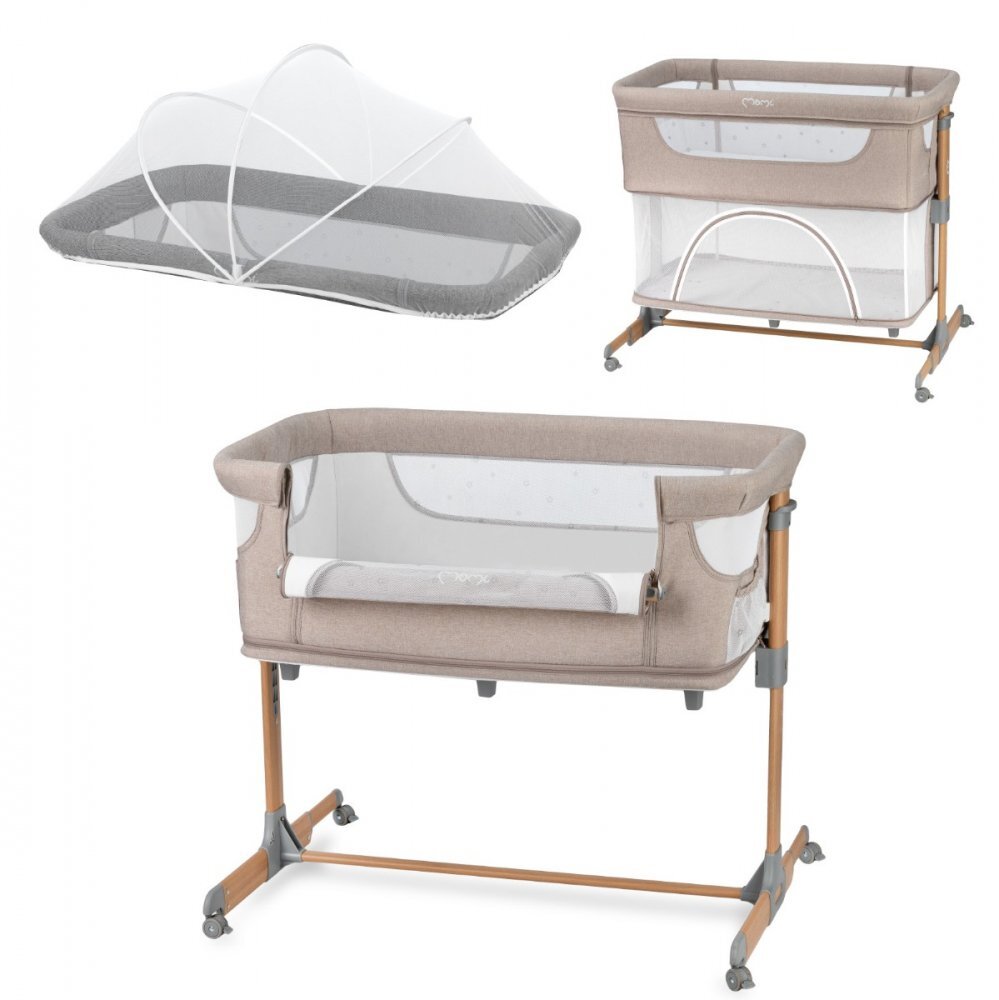 Momi Patut Co-sleeper Smart Bed 4 in 1 beige pliabil reglabil pe inaltime cu 2 niveluri de dormit roti saltea si plasa de insecte incluse