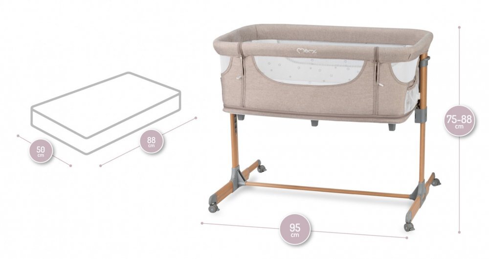 Momi Patut Co-sleeper Smart Bed 4 in 1 beige pliabil reglabil pe inaltime cu 2 niveluri de dormit roti saltea si plasa de insecte incluse