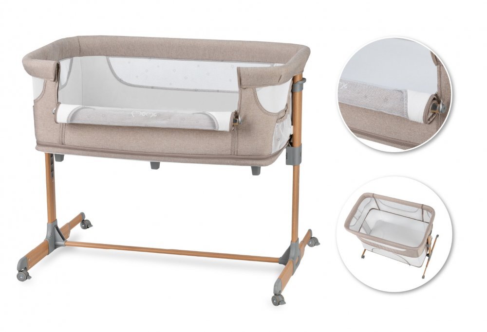 Momi Patut Co-sleeper Smart Bed 4 in 1 beige pliabil reglabil pe inaltime cu 2 niveluri de dormit roti saltea si plasa de insecte incluse