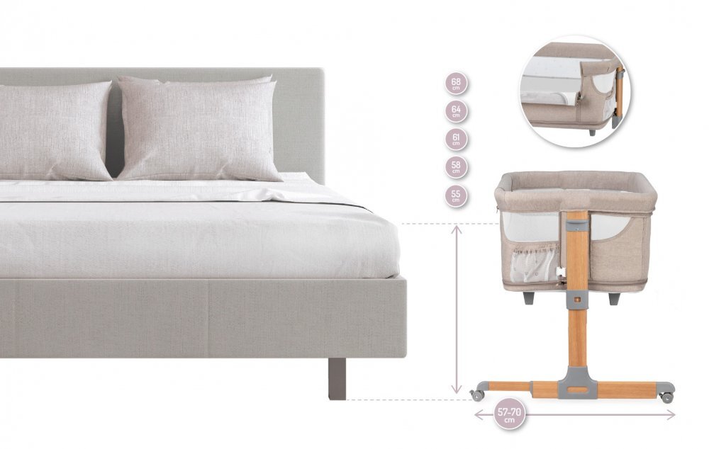 Momi Patut Co-sleeper Smart Bed 4 in 1 beige pliabil reglabil pe inaltime cu 2 niveluri de dormit roti saltea si plasa de insecte incluse