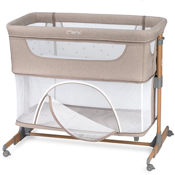 Momi Patut Co-sleeper Smart Bed 4 in 1 beige pliabil reglabil pe inaltime cu 2 niveluri de dormit roti saltea si plasa de insecte incluse