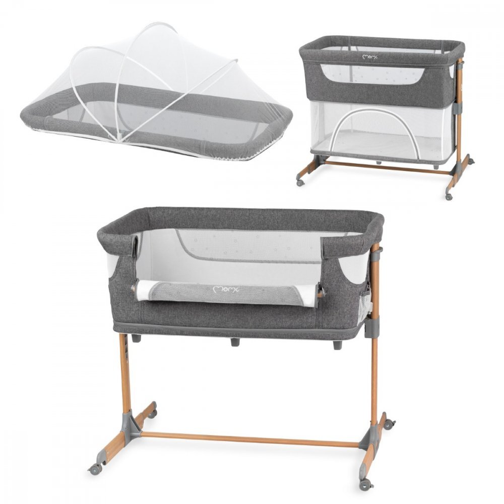 Momi Patut Co-sleeper Smart Bed 4 in 1 grey pliabil reglabil pe inaltime cu 2 niveluri de dormit roti saltea si plasa de insecte incluse