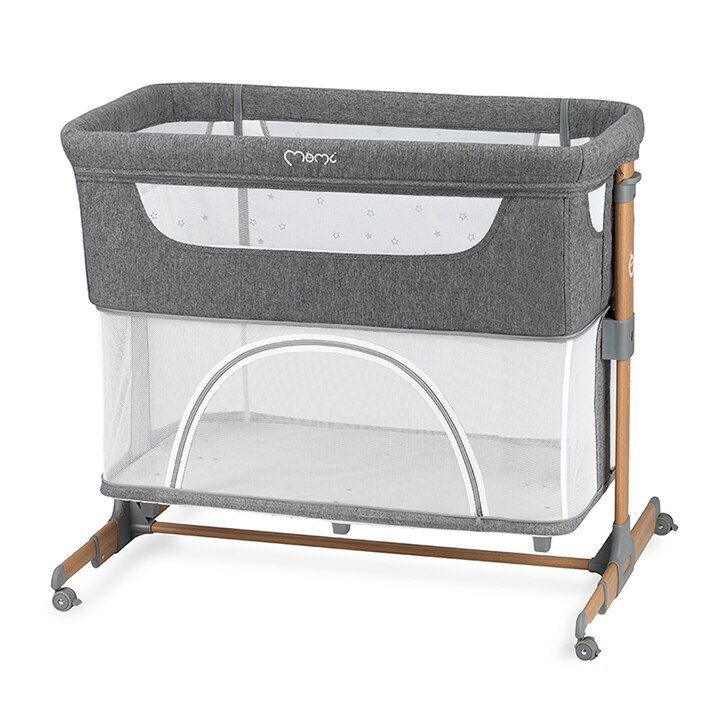 Momi Patut Co-sleeper Smart Bed 4 in 1 grey pliabil reglabil pe inaltime cu 2 niveluri de dormit roti saltea si plasa de insecte incluse