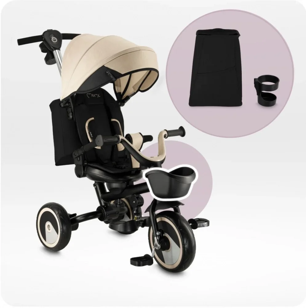 Momi Tricicleta pentru copii ivi Beige multifunctionala 3 in 1 cu scaun reversibil maner telescopic accesorii incluse