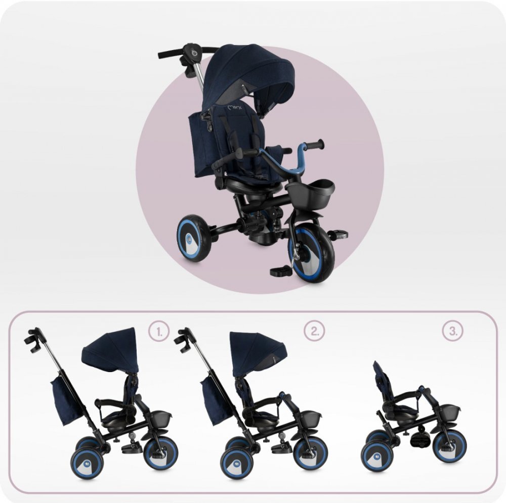Momi Tricicleta pentru copii ivi Navy Blue multifunctionala 3 in 1 cu scaun reversibil maner telescopic accesorii incluse