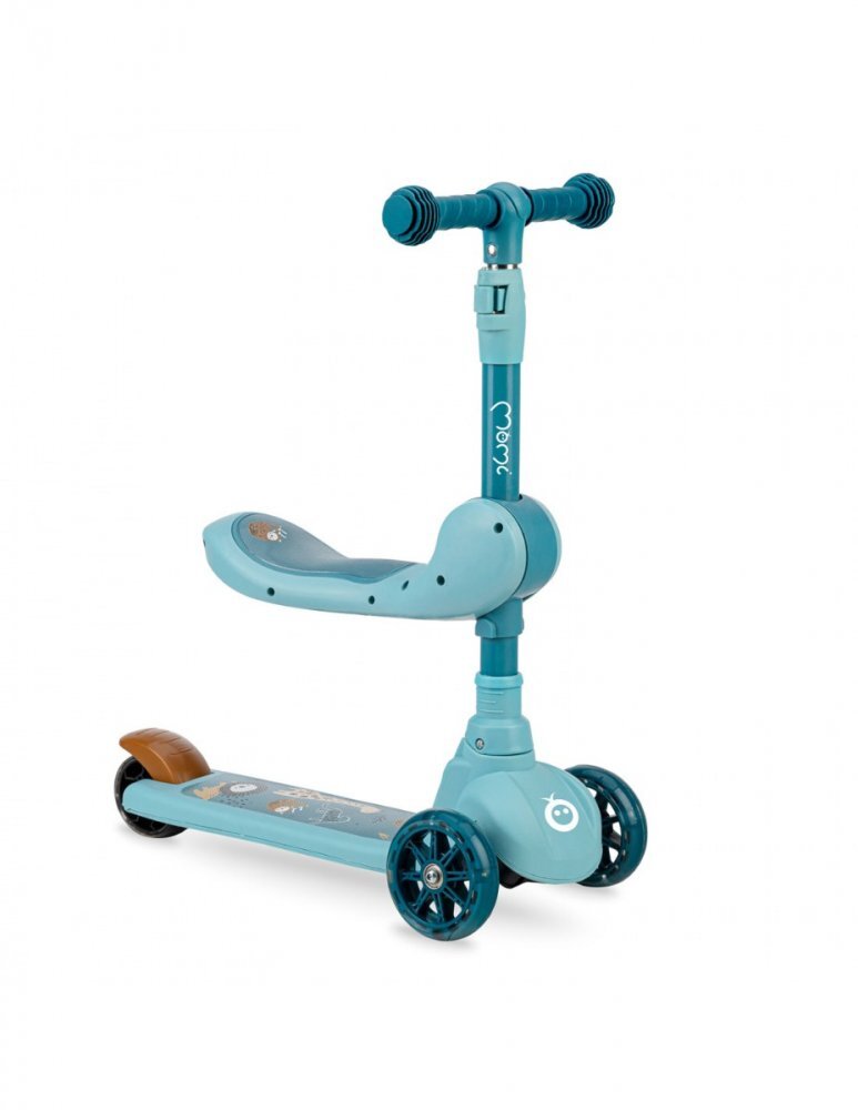 Momi Trotineta transformabila 2in1 Kiuru Blue ghidon reglabil pliabila scaun reglabil lumini LED greutate suportata 50 kg varsta 3 ani+