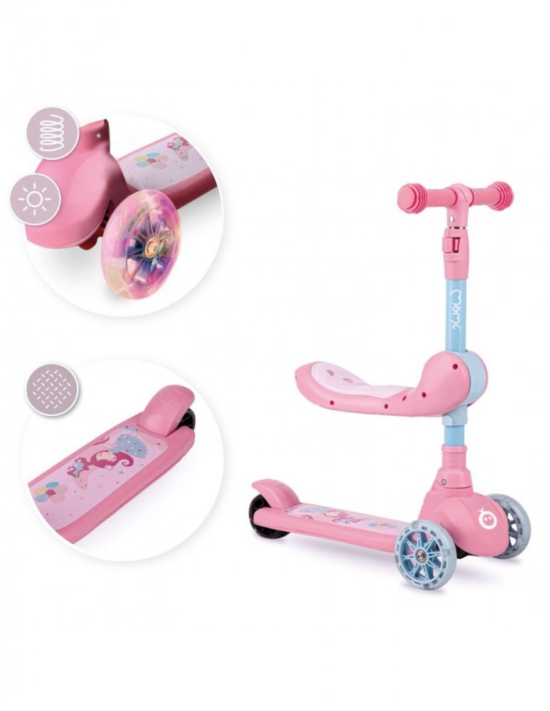 Momi Trotineta transformabila 2in1 Kiuru Pink hidon reglabil pliabila scaun reglabil lumini LED greutate suportata 50 kg varsta 3 ani+