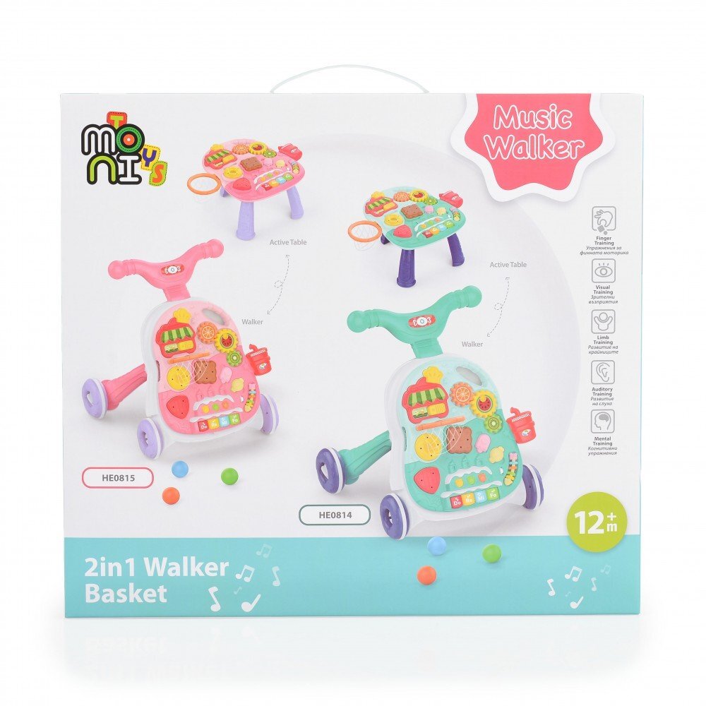 MONI Antepremergator educativ 2 in1 cu cosulet bile si functii muzicale Pink
