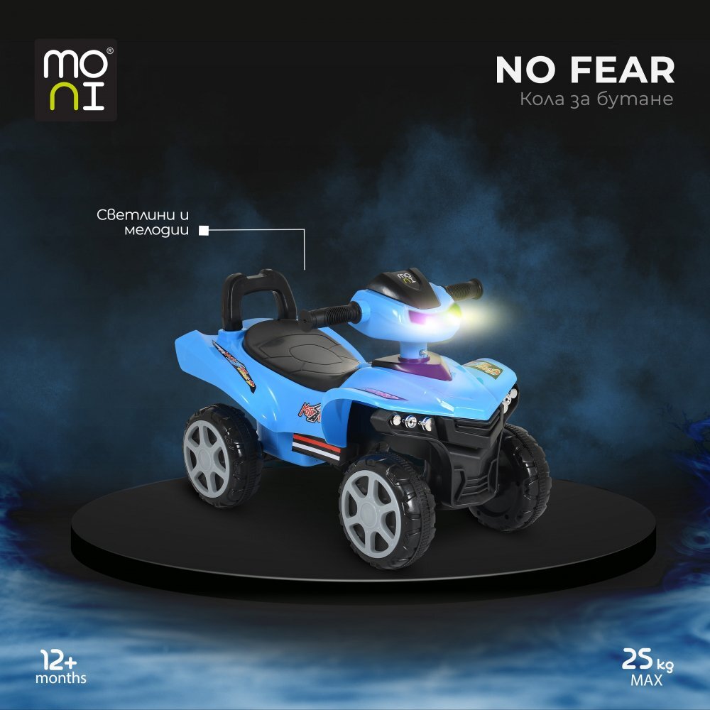 MONI ATV copii fara pedale No Fear Blue cu compartiment pentru jucarii volan cu claxon functii luminoase si muzicale spatarroti rezistentesistem antirasturnare