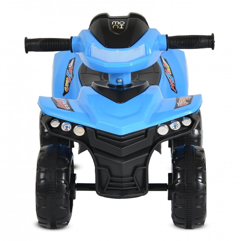MONI ATV copii fara pedale No Fear Blue cu compartiment pentru jucarii volan cu claxon functii luminoase si muzicale spatarroti rezistentesistem antirasturnare