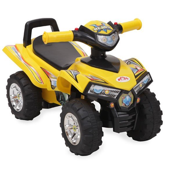 MONI ATV pentru copii fara pedale RideGo Galben cu spatiu depozitare jucarii muzica de la 1 an pana la 20 kg