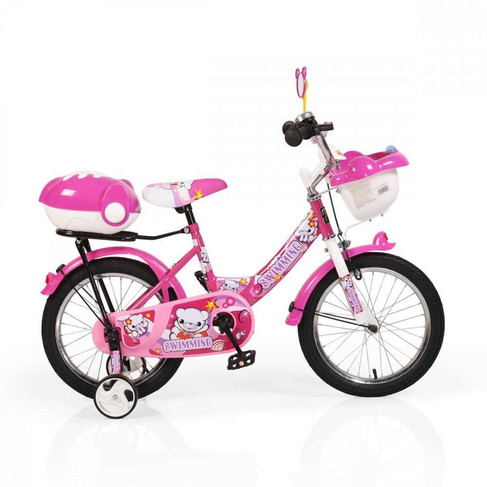 MONI Bicicleta pentru copii Swimming Pink 16 inch cu roti ajutatoare varsta 4-6 ani frana de mana pe ambele roti cos in fata si portbagaj pe spate oglinda si clopotel pe ghidon scaun reglabil pe inaltime
