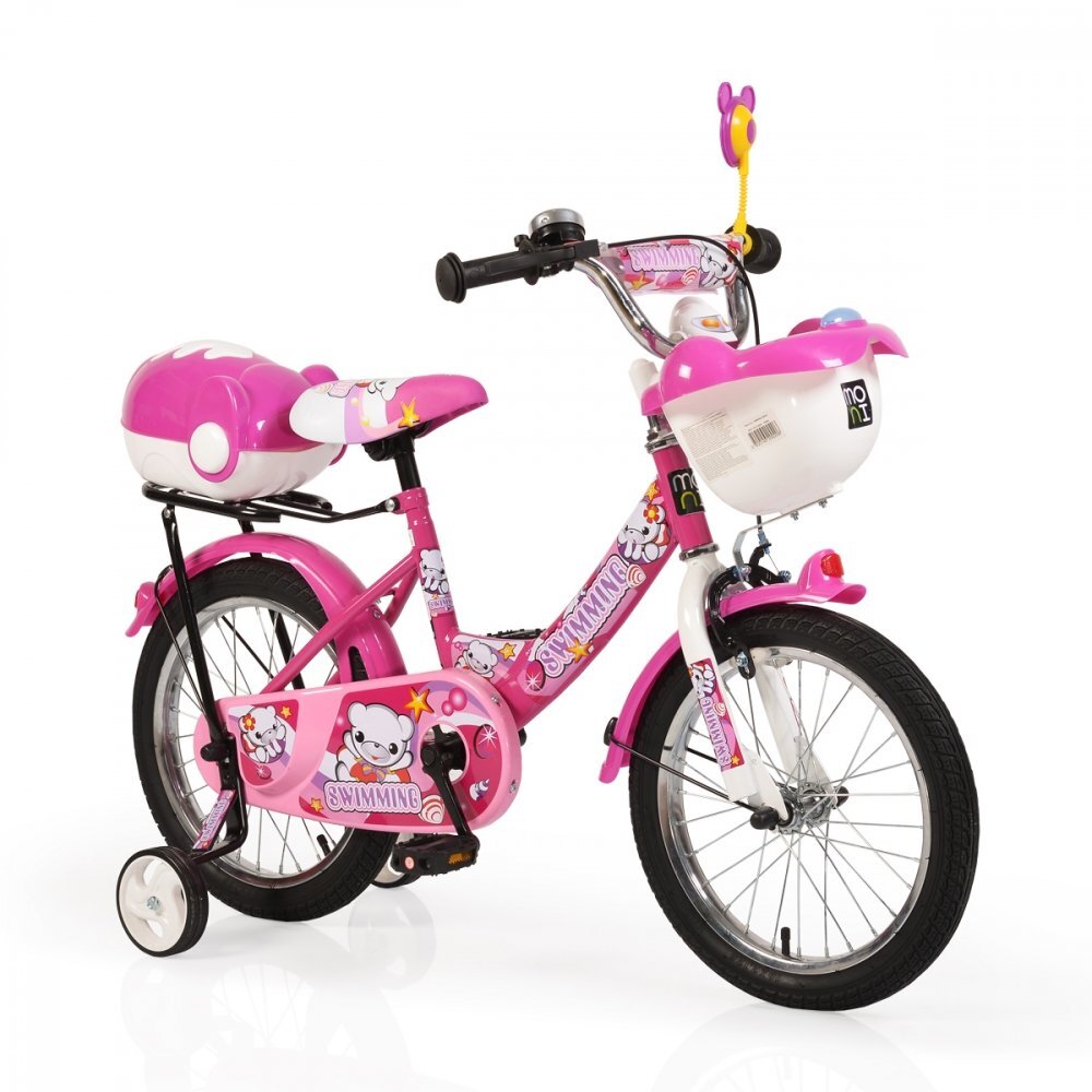 MONI Bicicleta pentru copii Swimming Pink 16 inch cu roti ajutatoare varsta 4-6 ani frana de mana pe ambele roti cos in fata si portbagaj pe spate oglinda si clopotel pe ghidon scaun reglabil pe inaltime