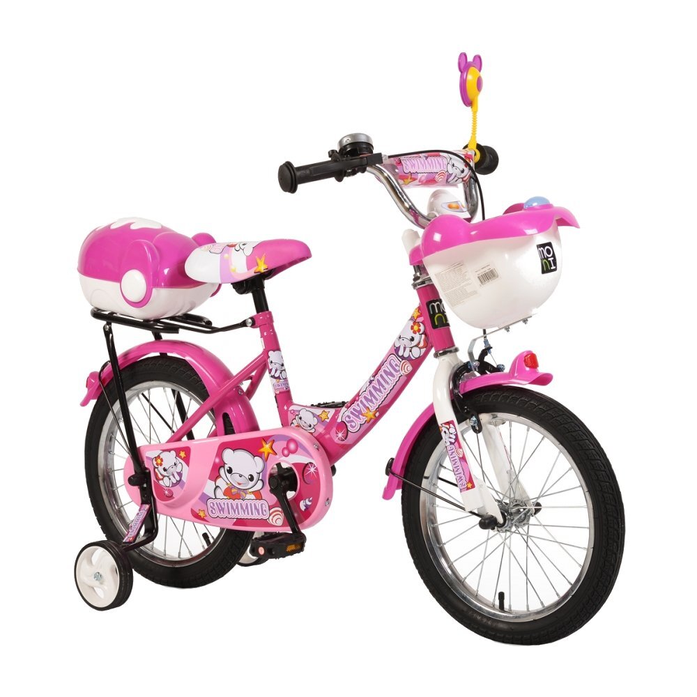MONI Bicicleta pentru copii Swimming Pink 16 inch cu roti ajutatoare varsta 4-6 ani frana de mana pe ambele roti cos in fata si portbagaj pe spate oglinda si clopotel pe ghidon scaun reglabil pe inaltime