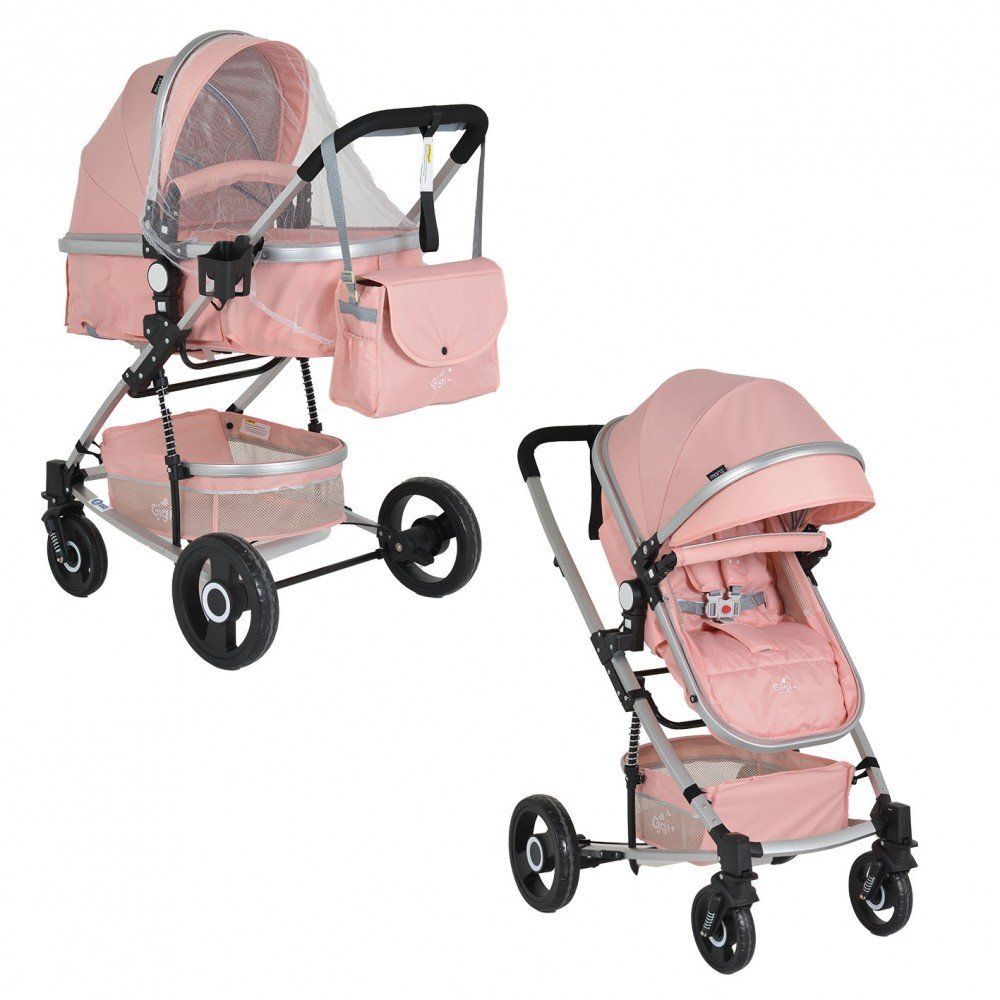 MONI Carucior 2 in 1 transformabil Gigi Pink cu sezut reversibilroti rezistentehusa picioare si geanta mamici inclusepliere usoaracadru rezistent din aluminiucapotina mare