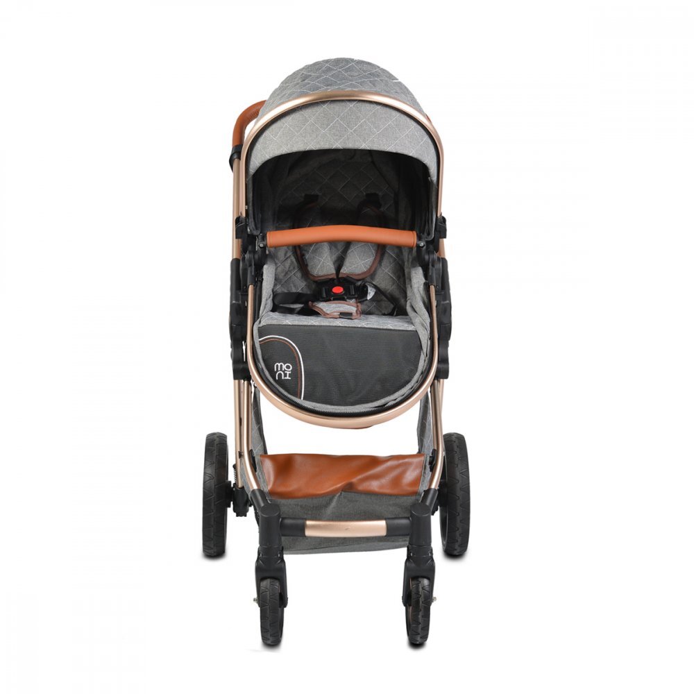 MONI Carucior 2in1 transformabil Alma Dark Grey cu Sezut reversibilCadru din aluminiuRoti EVA rezistente cu suspensiiFranaCapotina cu vizierSpatar reglabilCentura de sigurantaCos de cumparaturiHusa picioare si Geanta