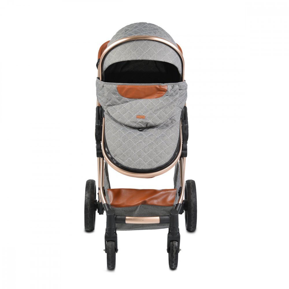 MONI Carucior 2in1 transformabil Alma Dark Grey cu Sezut reversibilCadru din aluminiuRoti EVA rezistente cu suspensiiFranaCapotina cu vizierSpatar reglabilCentura de sigurantaCos de cumparaturiHusa picioare si Geanta