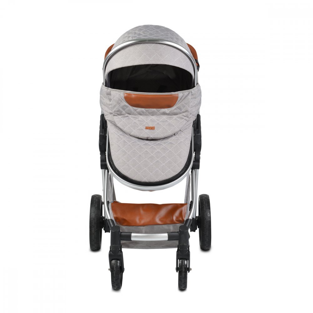 MONI Carucior 2in1 transformabil Alma Grey cu Sezut reversibilCadru din aluminiuRoti EVA rezistente cu suspensiiFranaCapotina cu vizierSpatar reglabilCentura de sigurantaCos de cumparaturiHusa picioare si Geanta
