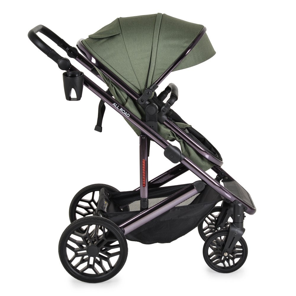 MONI Carucior convertibil 2in1 All Road DarkGreen cu Cadru din aluminiu galvanizatRoti rezistente cu suspensiiSpatar reglabilManer reglabil 6 pozitii inaltimeCopertina XXLHusa picioare+suport pahar inclusePana la 4ani