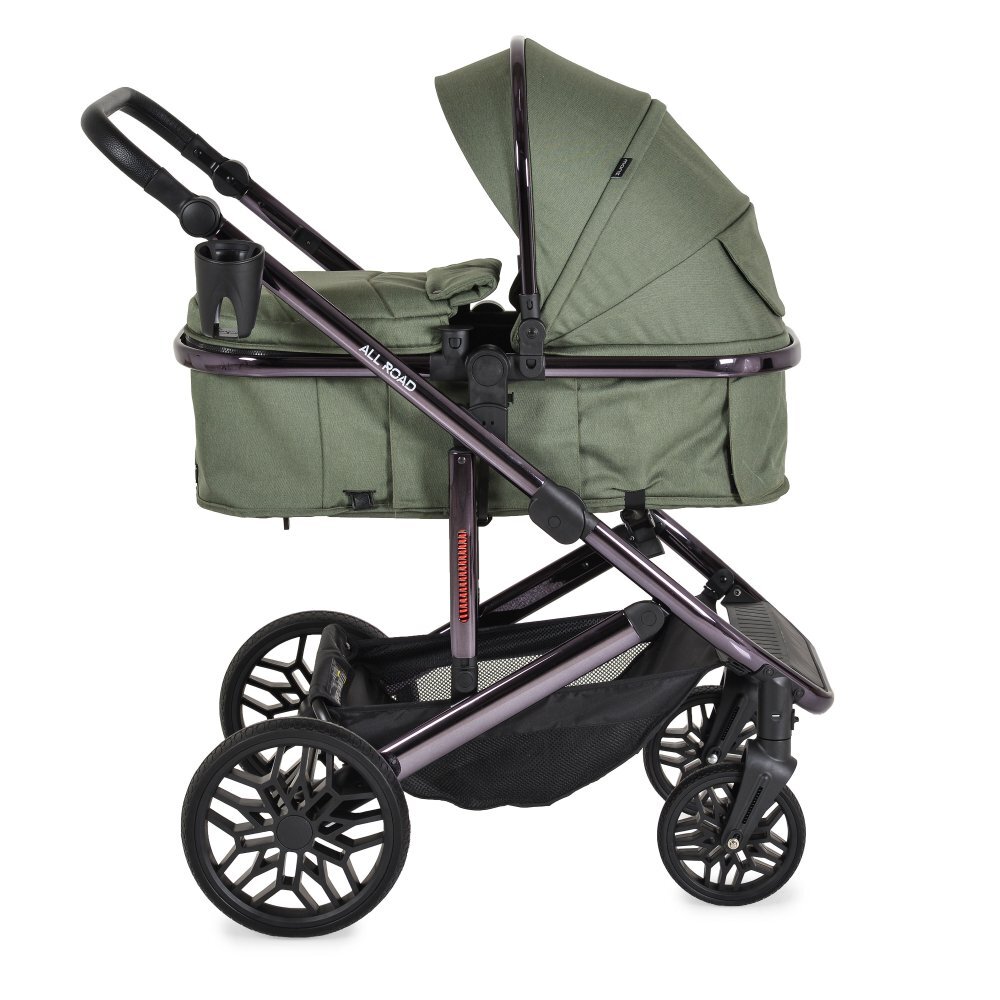 MONI Carucior convertibil 2in1 All Road DarkGreen cu Cadru din aluminiu galvanizatRoti rezistente cu suspensiiSpatar reglabilManer reglabil 6 pozitii inaltimeCopertina XXLHusa picioare+suport pahar inclusePana la 4ani