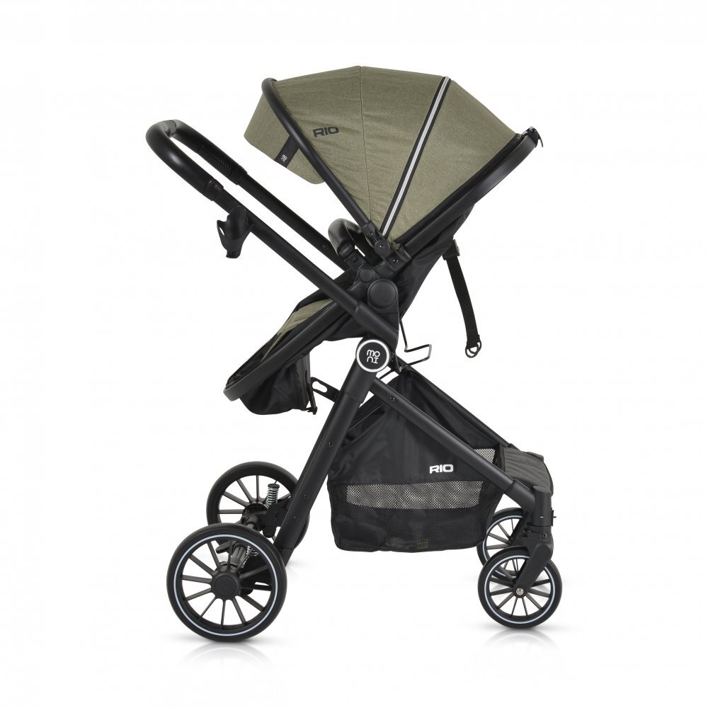 MONI Carucior transformabil 2in1 Rio Green pana la 22 kgcadru din aluminiuspatar reglabilscaun reversibilroti din spuma EVA pivotante cu amortizor si rulmentbaldachinhusa picioaregeantaplasa insectesuport pahar