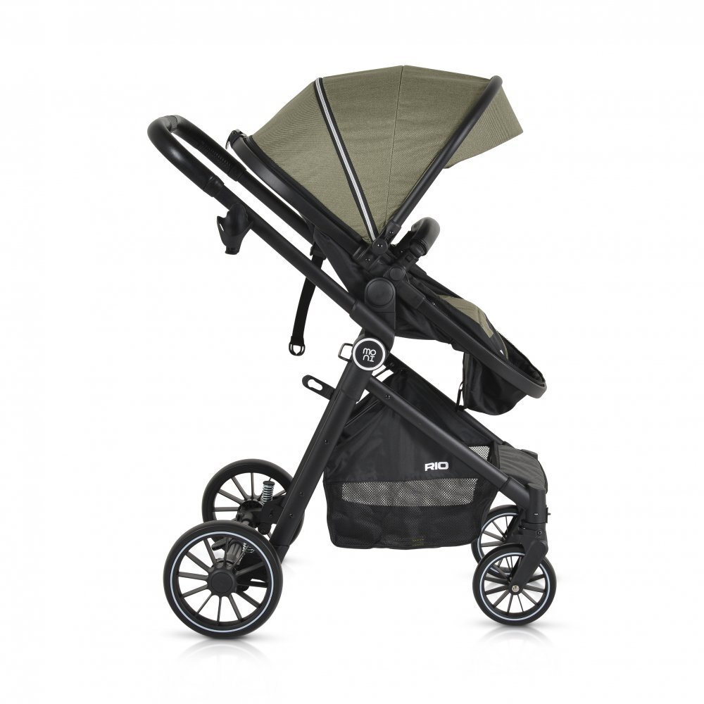 MONI Carucior transformabil 2in1 Rio Green pana la 22 kgcadru din aluminiuspatar reglabilscaun reversibilroti din spuma EVA pivotante cu amortizor si rulmentbaldachinhusa picioaregeantaplasa insectesuport pahar