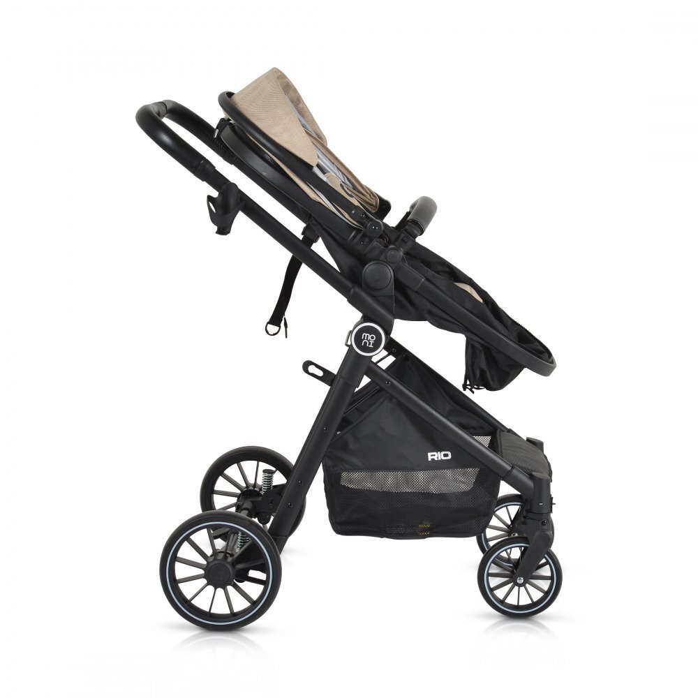 MONI Carucior transformabil 2in1 Rio Khaki pana la 22 kgcadru din aluminiuspatar reglabilscaun reversibilroti din spuma EVA pivotante cu amortizor si rulmentbaldachinhusa picioaregeantaplasa insectesuport pahar