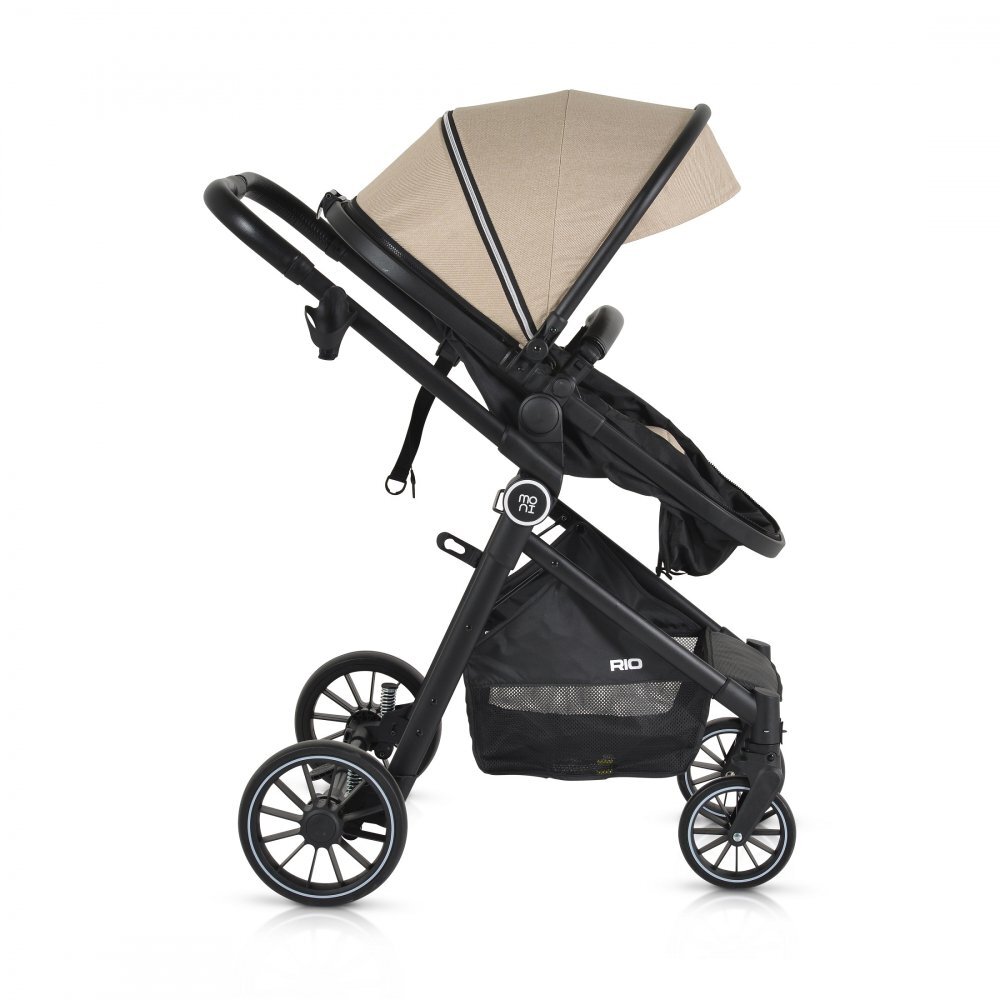 MONI Carucior transformabil 2in1 Rio Khaki pana la 22 kgcadru din aluminiuspatar reglabilscaun reversibilroti din spuma EVA pivotante cu amortizor si rulmentbaldachinhusa picioaregeantaplasa insectesuport pahar