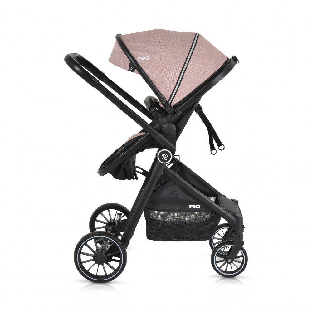 MONI Carucior transformabil 2in1 Rio Pink pana la 22 kgcadru din aluminiuspatar reglabilscaun reversibilroti din spuma EVA pivotante cu amortizor si rulmentbaldachinhusa picioaregeantaplasa insectesuport pahar