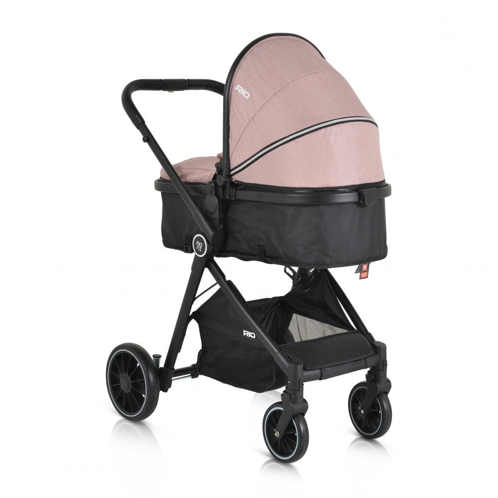 MONI Carucior transformabil 2in1 Rio Pink pana la 22 kgcadru din aluminiuspatar reglabilscaun reversibilroti din spuma EVA pivotante cu amortizor si rulmentbaldachinhusa picioaregeantaplasa insectesuport pahar