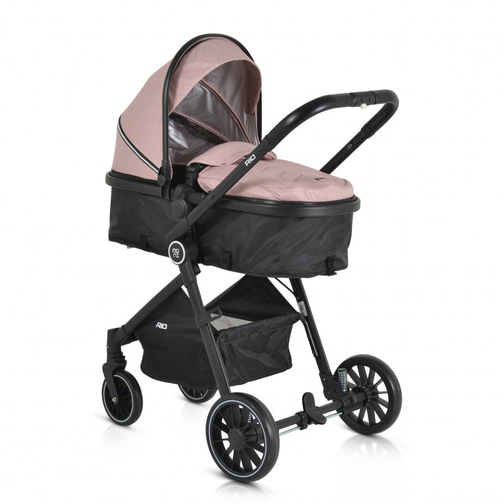 MONI Carucior transformabil 2in1 Rio Pink pana la 22 kgcadru din aluminiuspatar reglabilscaun reversibilroti din spuma EVA pivotante cu amortizor si rulmentbaldachinhusa picioaregeantaplasa insectesuport pahar