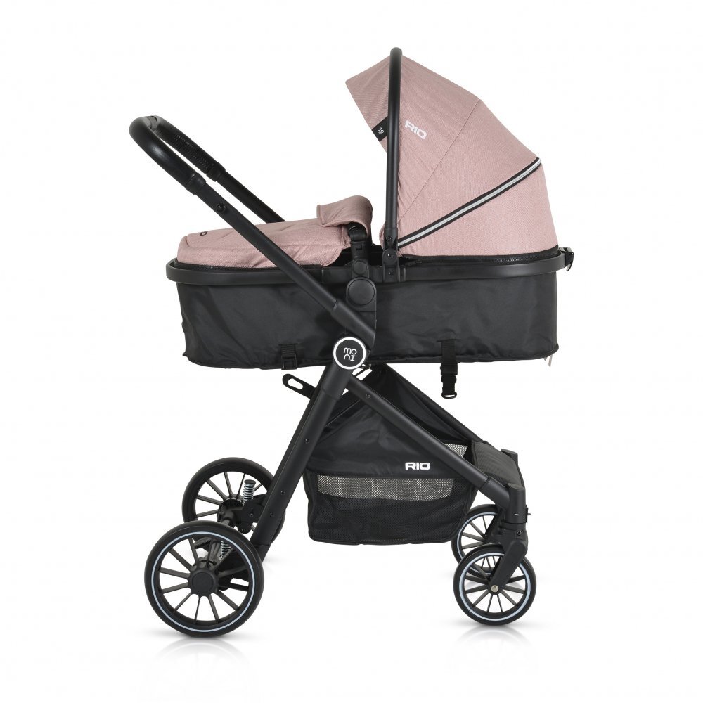 MONI Carucior transformabil 2in1 Rio Pink pana la 22 kgcadru din aluminiuspatar reglabilscaun reversibilroti din spuma EVA pivotante cu amortizor si rulmentbaldachinhusa picioaregeantaplasa insectesuport pahar