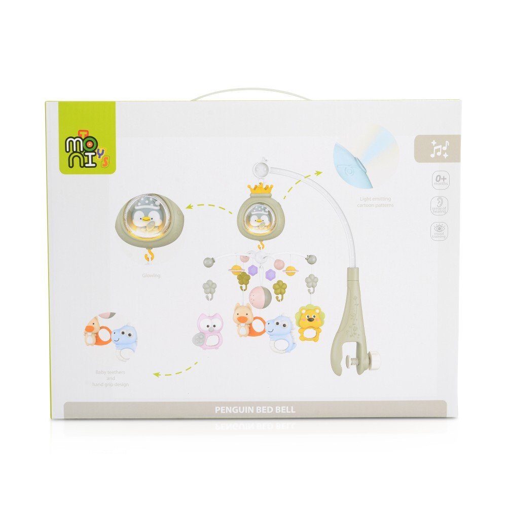 MONI Carusel pentru patut copii Penguin Pink cu telecomanda Functie rotatie Sunete albe Volum reglabil Functie lampa de veghe Timer Melodii