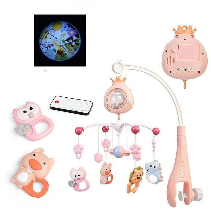 MONI Carusel pentru patut copii Penguin Pink cu telecomanda Functie rotatie Sunete albe Volum reglabil Functie lampa de veghe Timer Melodii