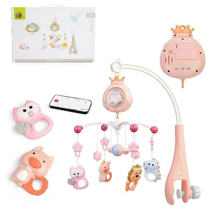 MONI Carusel pentru patut copii Penguin Pink cu telecomanda Functie rotatie Sunete albe Volum reglabil Functie lampa de veghe Timer Melodii