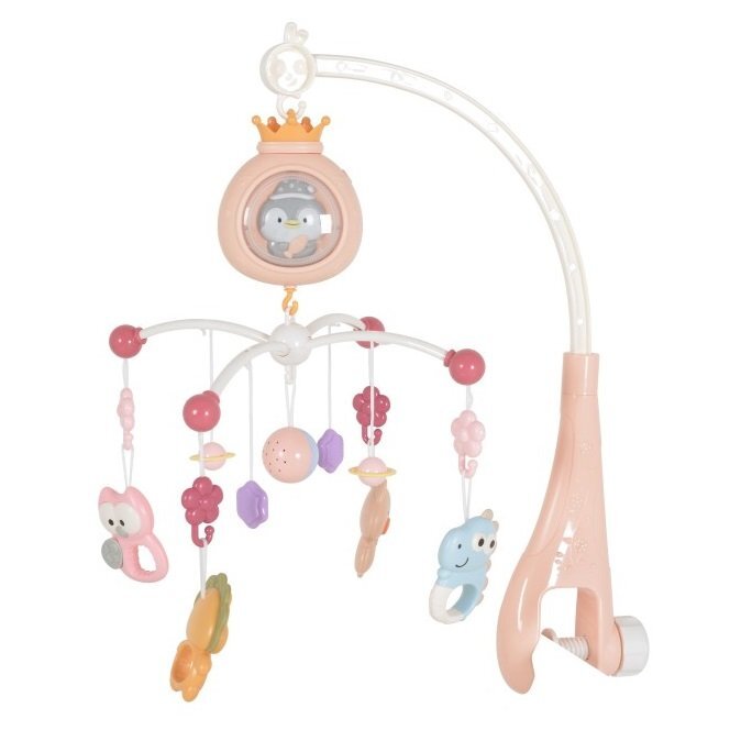 MONI Carusel pentru patut copii Penguin Pink cu telecomanda Functie rotatie Sunete albe Volum reglabil Functie lampa de veghe Timer Melodii