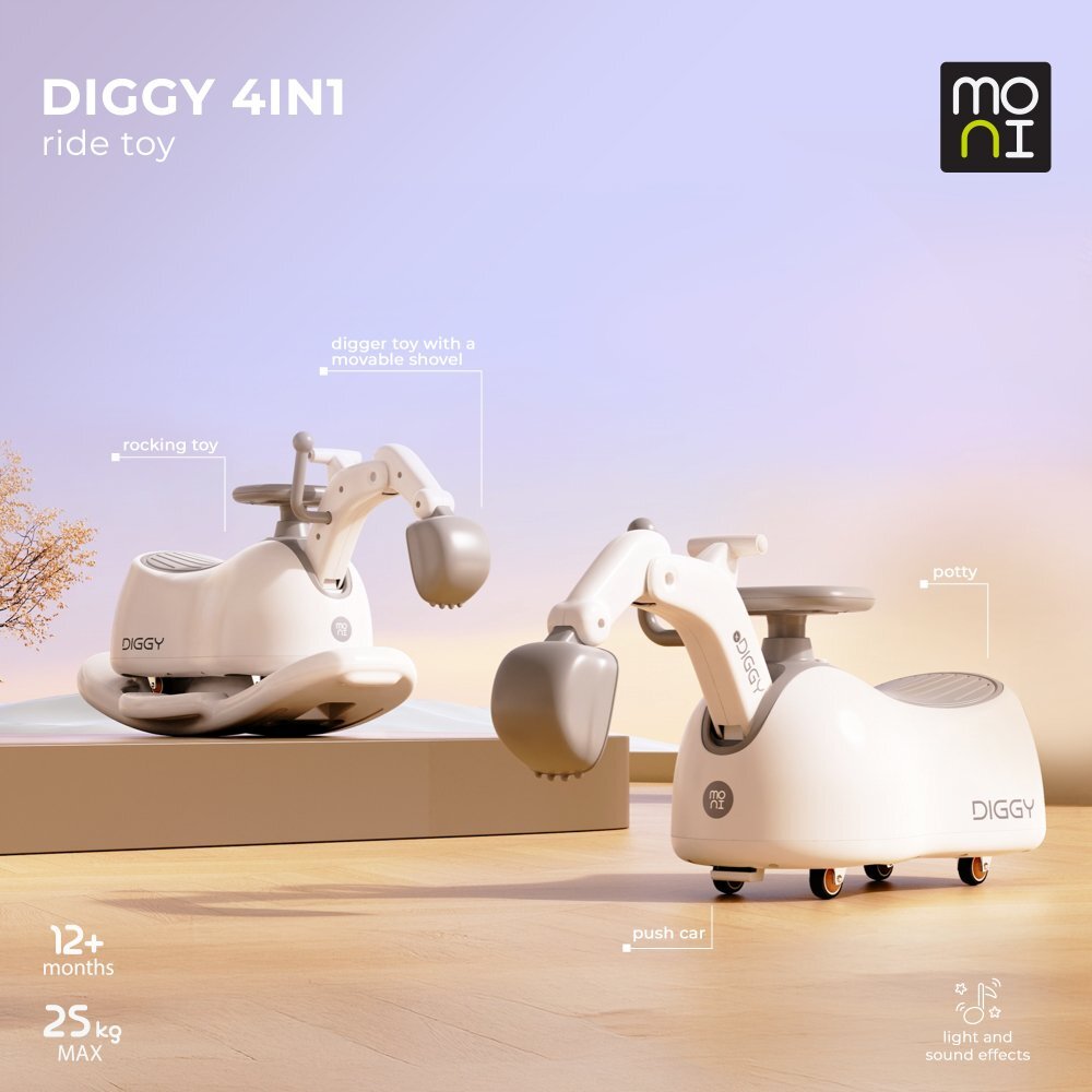 MONI Excavator fara pedale Diggy Grey tranformabil 4in1 cu Cupa mobilaBaza detasabila si transformare in balansoarOlita incorporataSezut confortabilEfecte muzicale si luminiRecomandat de la 12luniGreutate admisa 25kg