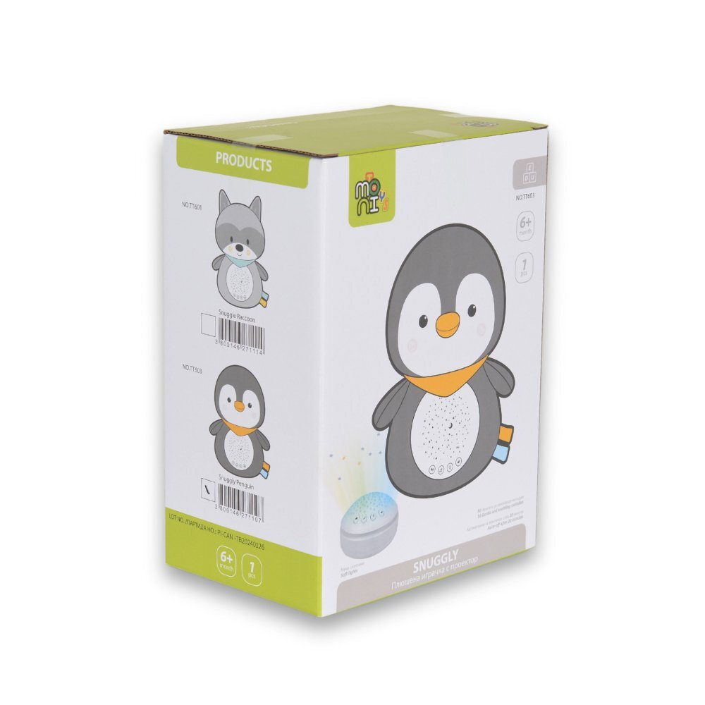 MONI Lampa de veghe pentru camera copii Snuggly Penguin cu sunete albe10 melodii linistitoare si sunete ale naturiiVolum reglabilOprire automata dupa 20 minuteMaterial plus moaleProiector detasabil utilizare individuala