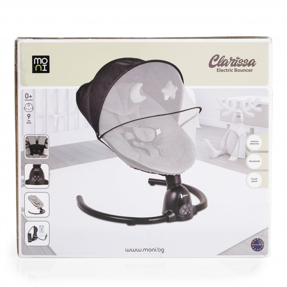 MONI Leagan electric pentru bebelusi Clarissa Blue cu telecomanda senzor de miscare5 viteze de leganare cronometru bluetooth pernuta baldachin cu jucarii si plasa insecte husa detasabilacentura de siguranta